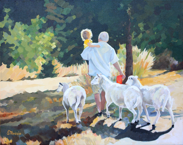 Let's move the Sheep man walking, holding child with 3 sheep following